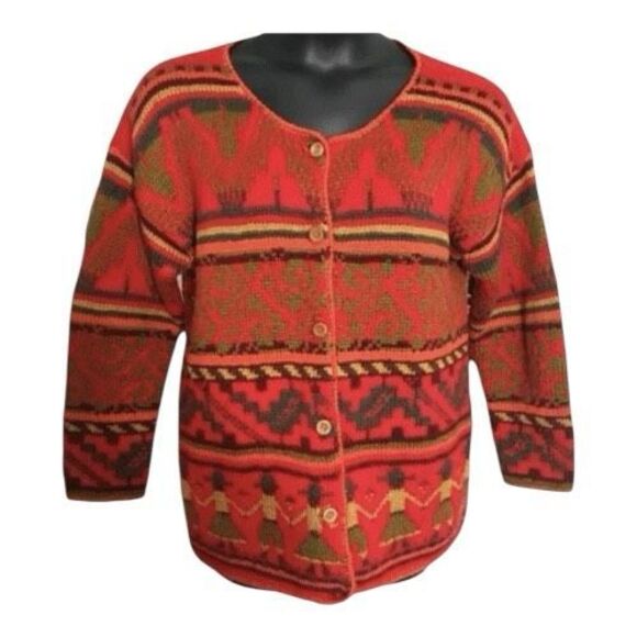 Express Tricot Cardigan Size S Women Fall Red Hand Knit 100% Wool Chunky Knit - Picture 2 of 10